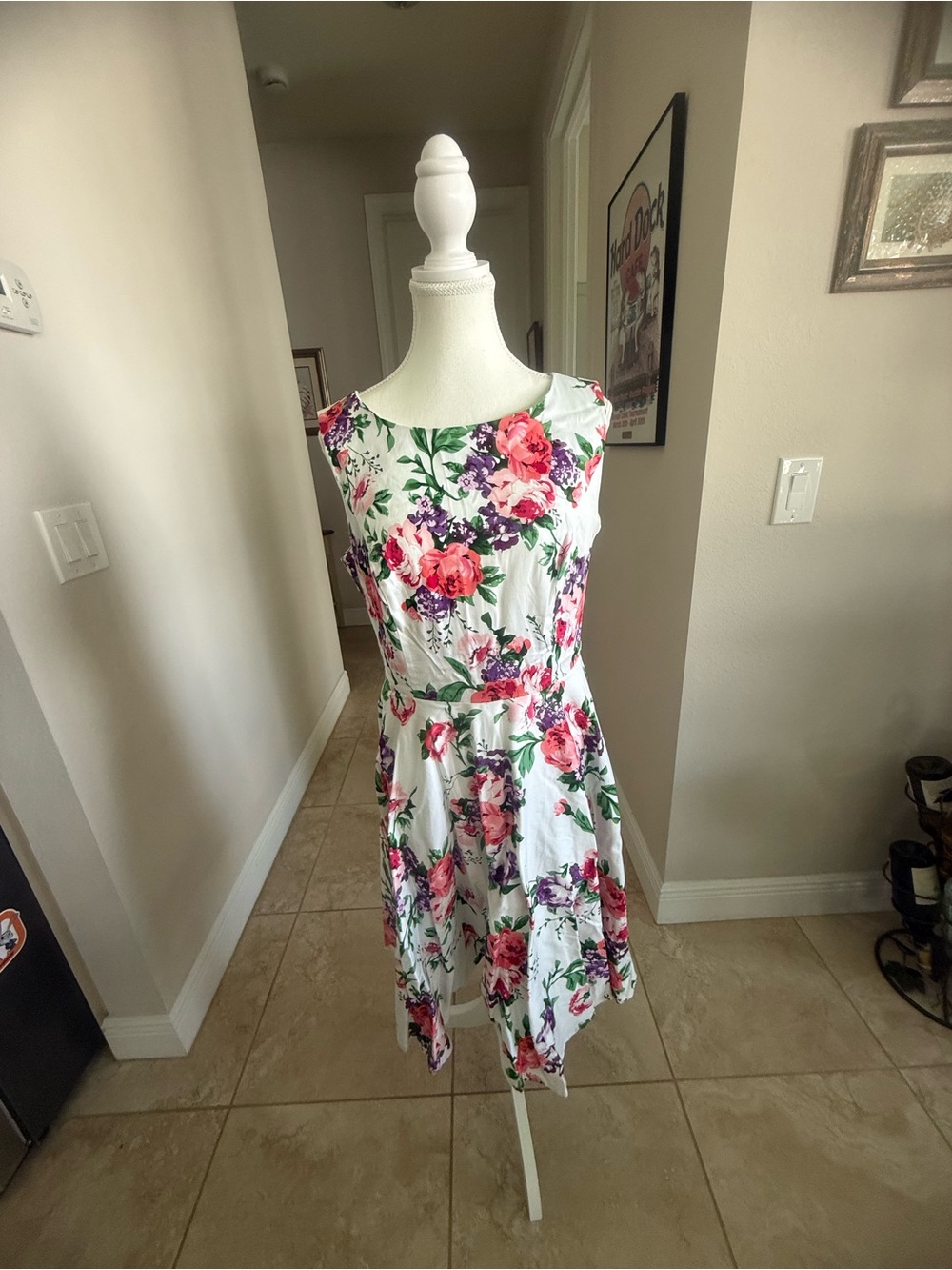 Boutique Floral Fit-and-Flare Dress in White with Pink & Purple Blooms